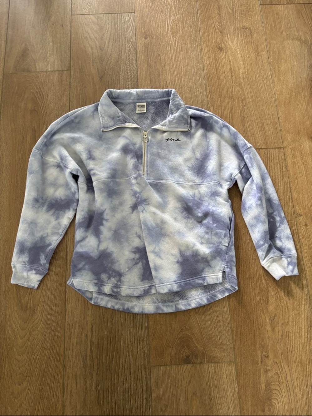 Pink Small Blue Tie-Dye Quarter Zip Pullover - Pink Embroidered Logo